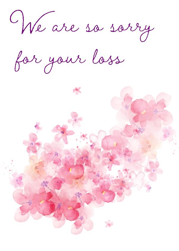 Sorry for your loss in cursive with abstract pink splotches