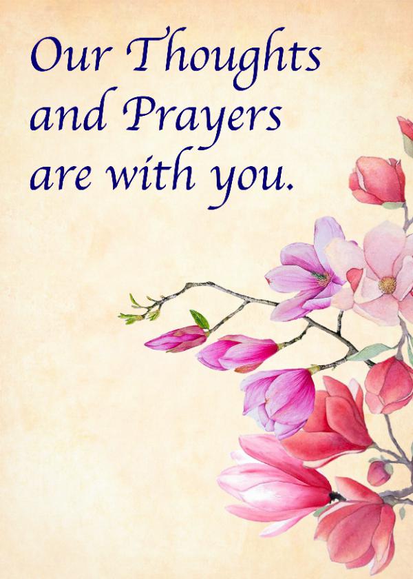 Thoughts and prayers in cursive with pink flowers over beige texture