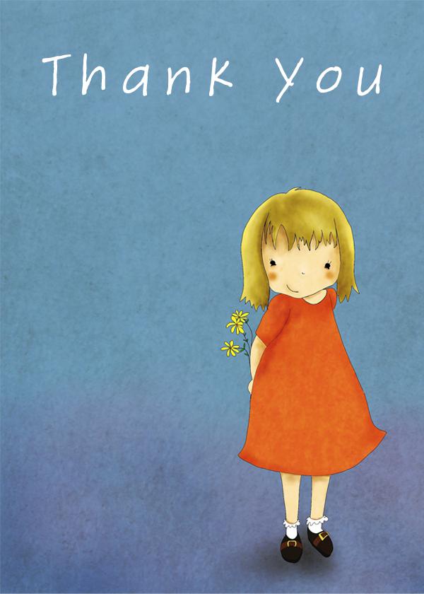 Bashful thank you girl in red dress on blue background